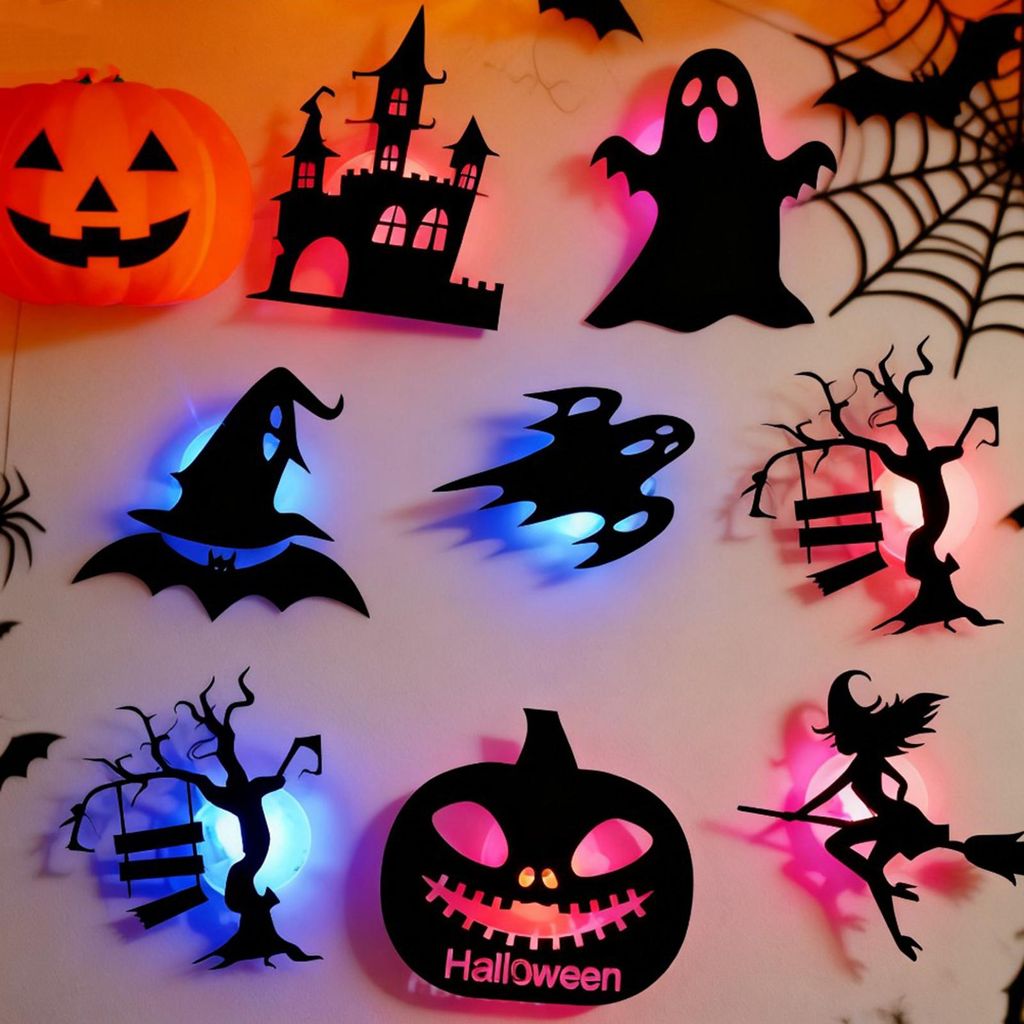 8/12 Stück Halloween LED-Wandaufkleber, hohle, gruselige Fledermaus-, Kürbis- und Spinnenmotive, Nachtlicht, Dekoration für Zuhause, Büro oder ...