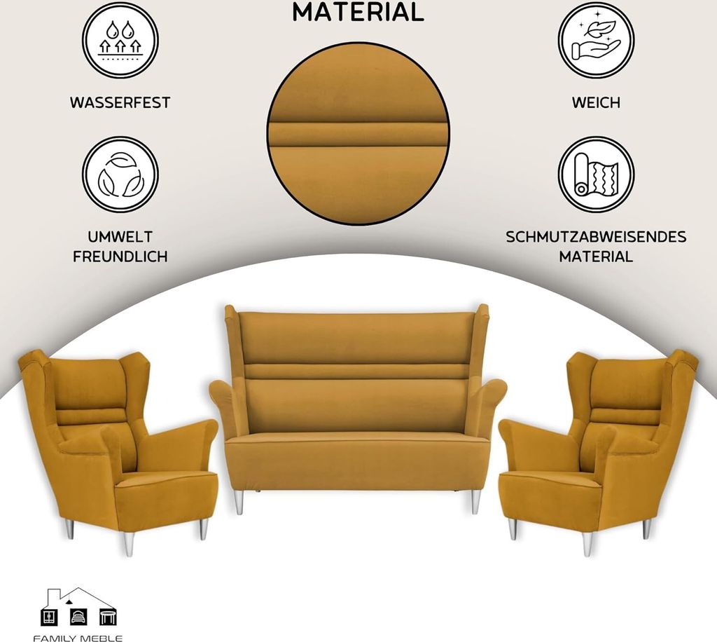 Family Meble Set aus Sofa + 2 Sessel Zoja 2-Sitzer Sofa Couch Zierpolsterung Freistehendes Lounge Sofa Bequem zum Entspannen Wohnzimmer Büro (NEW ...