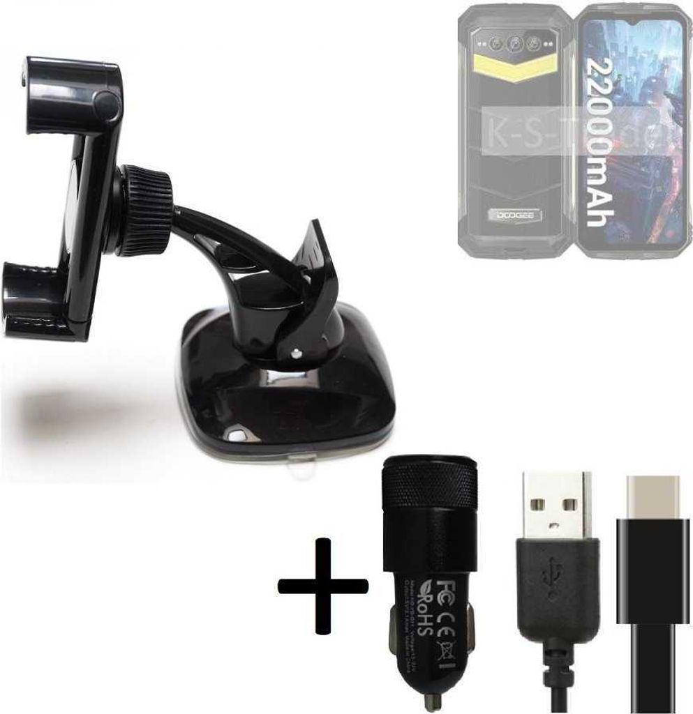 K-S-Trade Handy-Halterung kompatibel mit Doogee S100 Pro Windschutzscheibe / Armaturenbrett + LADEGERÄT mit Mico USB Kabel Autohalterung