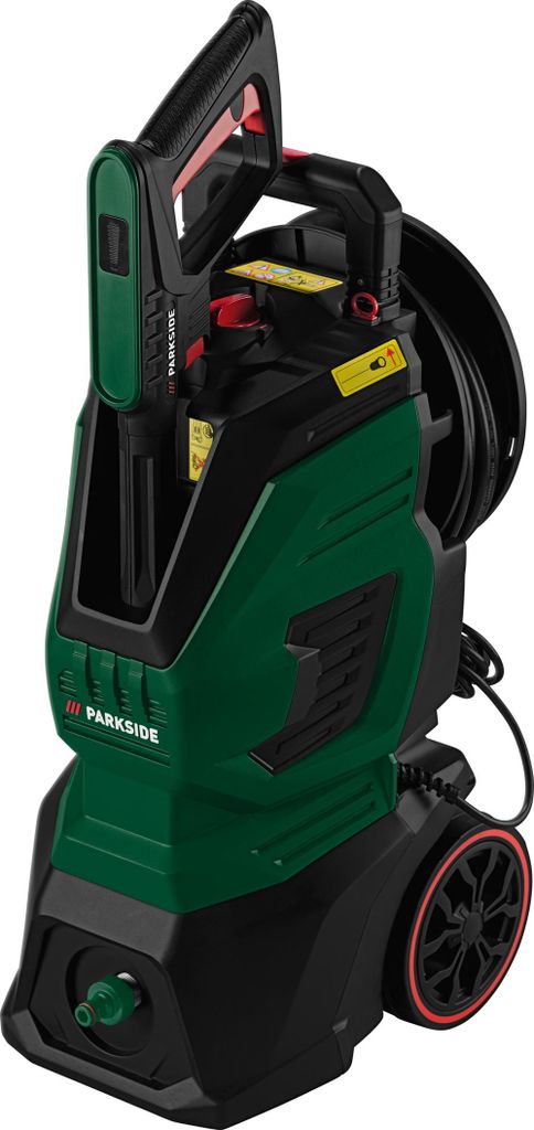 A green and black high-pressure cleaner is shown against a white background.