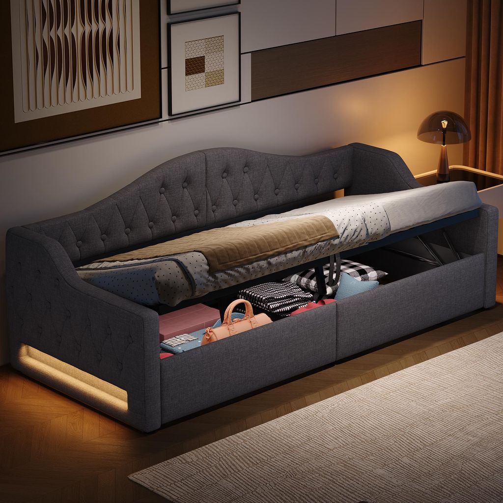 MODFU Schlafsofa 90x200 Tagesbett Gästbett ohne Matratze,mit 7 Farben einstellbare LED-Beleuchtung und Bettkasten darunter,Jugendbett mit Holzrahm...