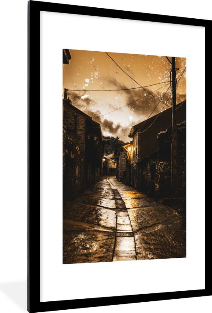 MuchoWow MuchoWow Gerahmtes Poster Gold - Straße - Häuser 60x90 cm - Poster mit zchwarzem Bilderrahmen - Dekoration - Wandposter Wohnzimmer -...