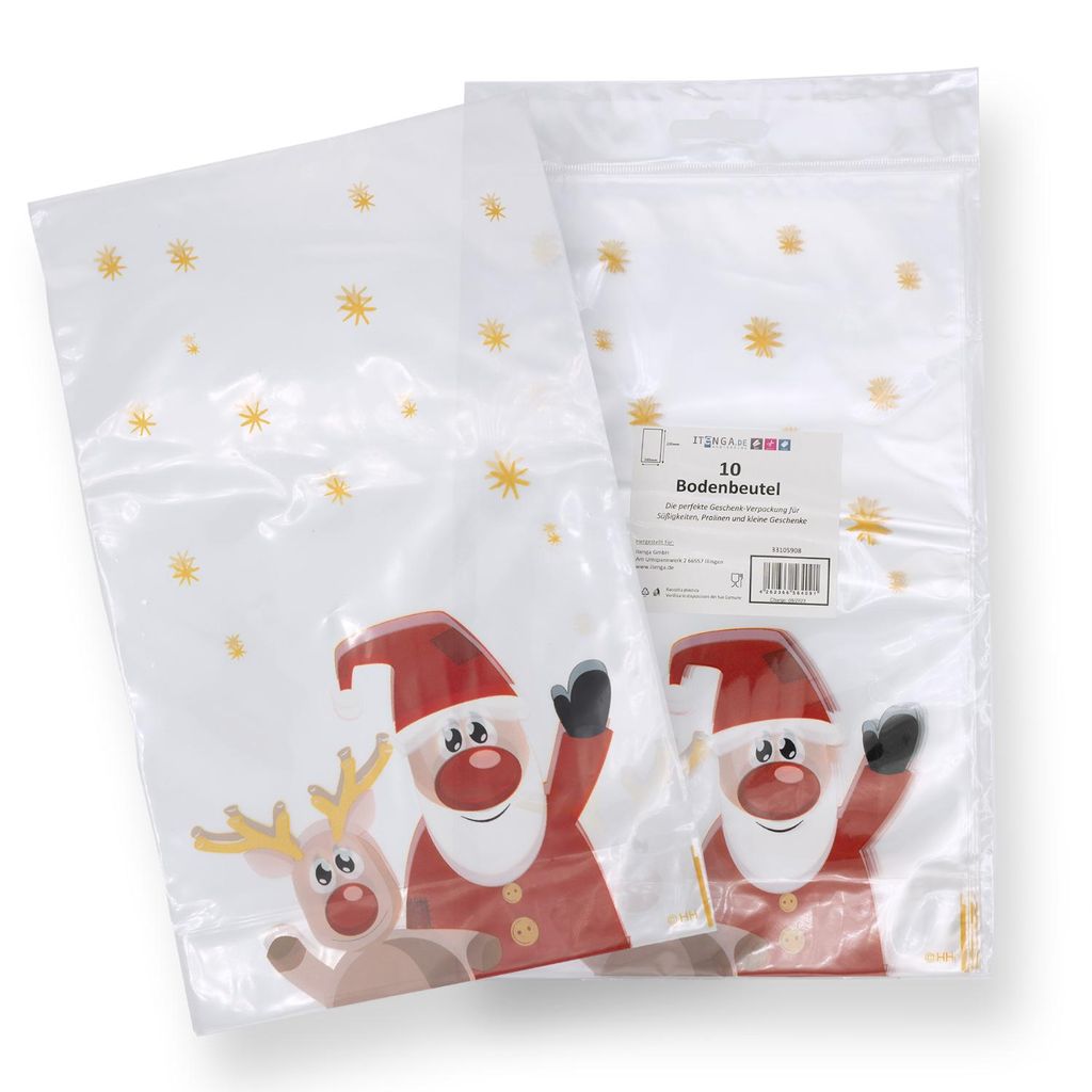 Two clear plastic bags with Christmas-themed designs are shown against a white background. One bag is in the foreground, showing Santa Claus and a reindeer. The other bag is behind it, showing another Santa Claus and a label.