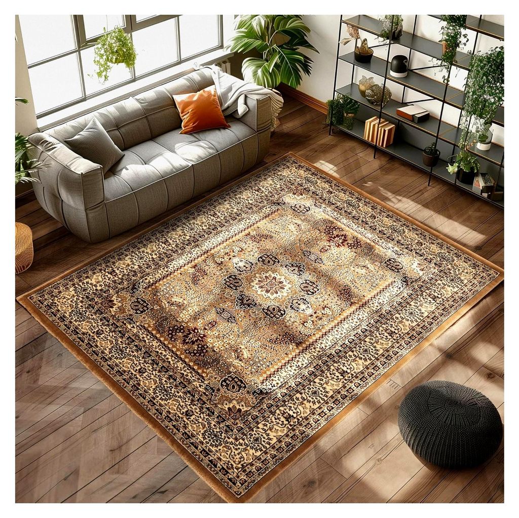 Kurzflor Orientalischer Teppich - Läufer für Wohnzimmer, Klassische Optik, Beige, 80 x 150 cm - Vintage Schlafzimmer, Waschbar, Küchenläufer, Flur