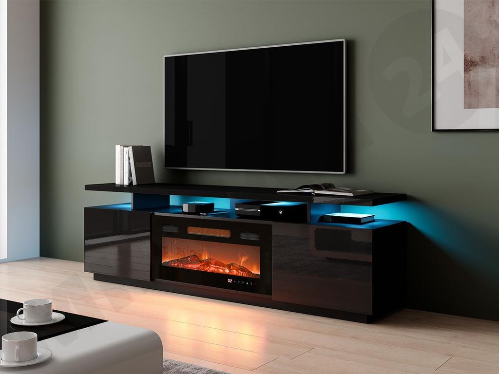 Mobile porta TV con camino e illuminazione LED SALTA - nero Immagine del prodotto 