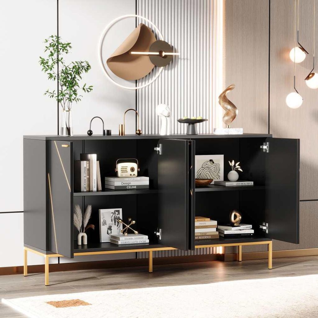 Sideboard Wohnzimmer, Kommode mit 4 Türen Goldene Gebürstete Griffe und Hochglanz Tischbeine Komodenschrank, Weiß, maße 160×80×40 cm (B×H×T)