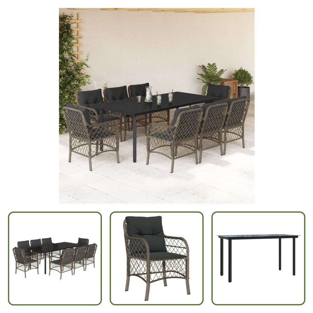 The Living Store 9-tlg. Garten-Essgruppe mit Kissen Grau Poly Rattan