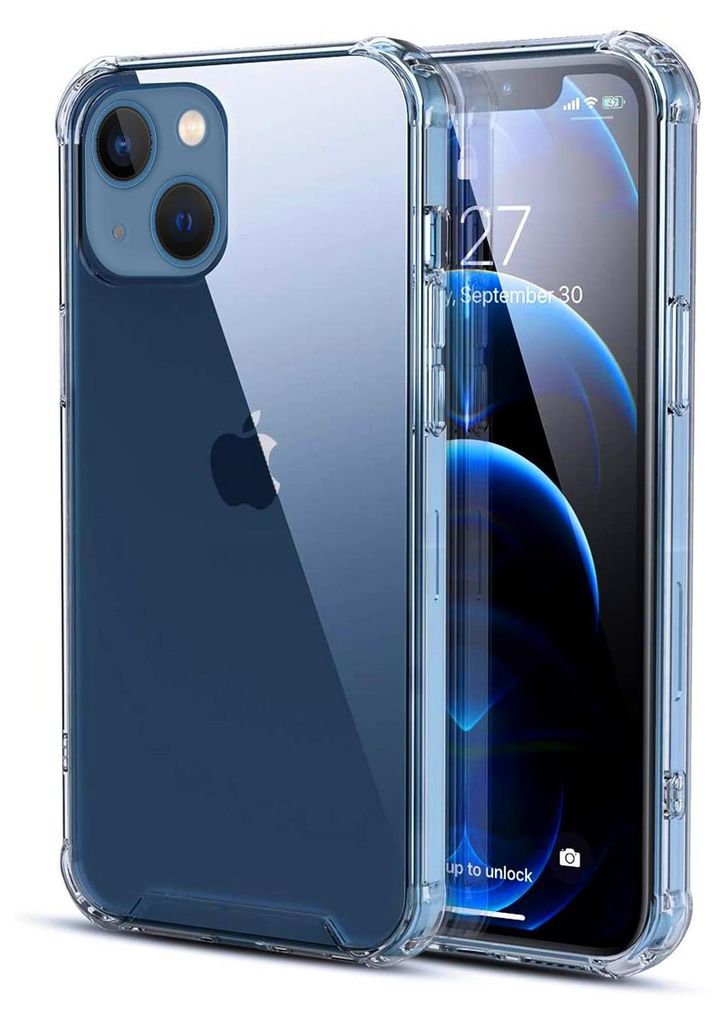 A clear protective case for an Apple iPhone 13 is shown, with the phone inside.