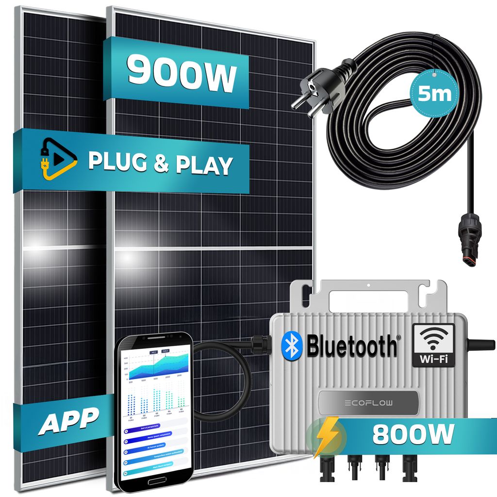 SUNNIVA 900W Balkonkraftwerk 800W komplett Steckdose - Ecoflow Stream 800W Wechselrichter - PV Solaranlage - 2x450W Solarmodule - 5m Kabel - WIFI