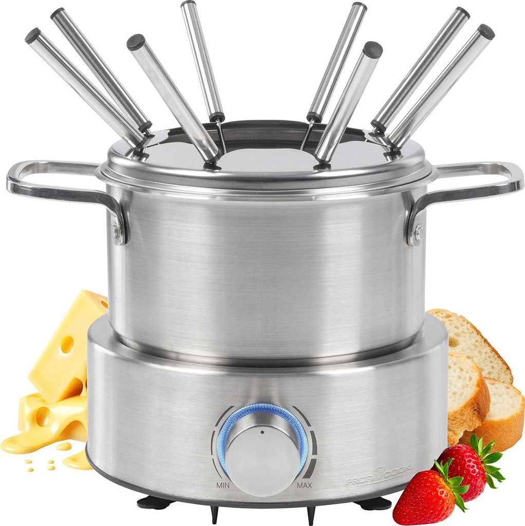 A stainless steel electric fondue set with a knob on the base, surrounded by cheese, bread, and strawberries.