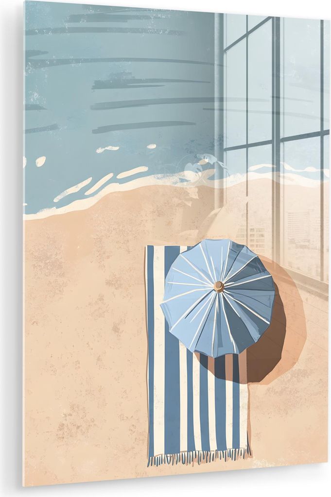 MuchoWow Glasbilder - Bilder auf Wandbild - Foto auf Glas Strandtuch - Streifen - Sonnenschirm - Strand 60x80 cm Wanddekoration aus Glas - Acrylgla...