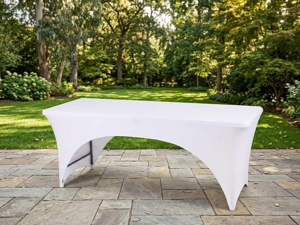 Klapptisch ROBUST & WETTERFEST mit weißer Stretch Husse - Garten Camping Tische