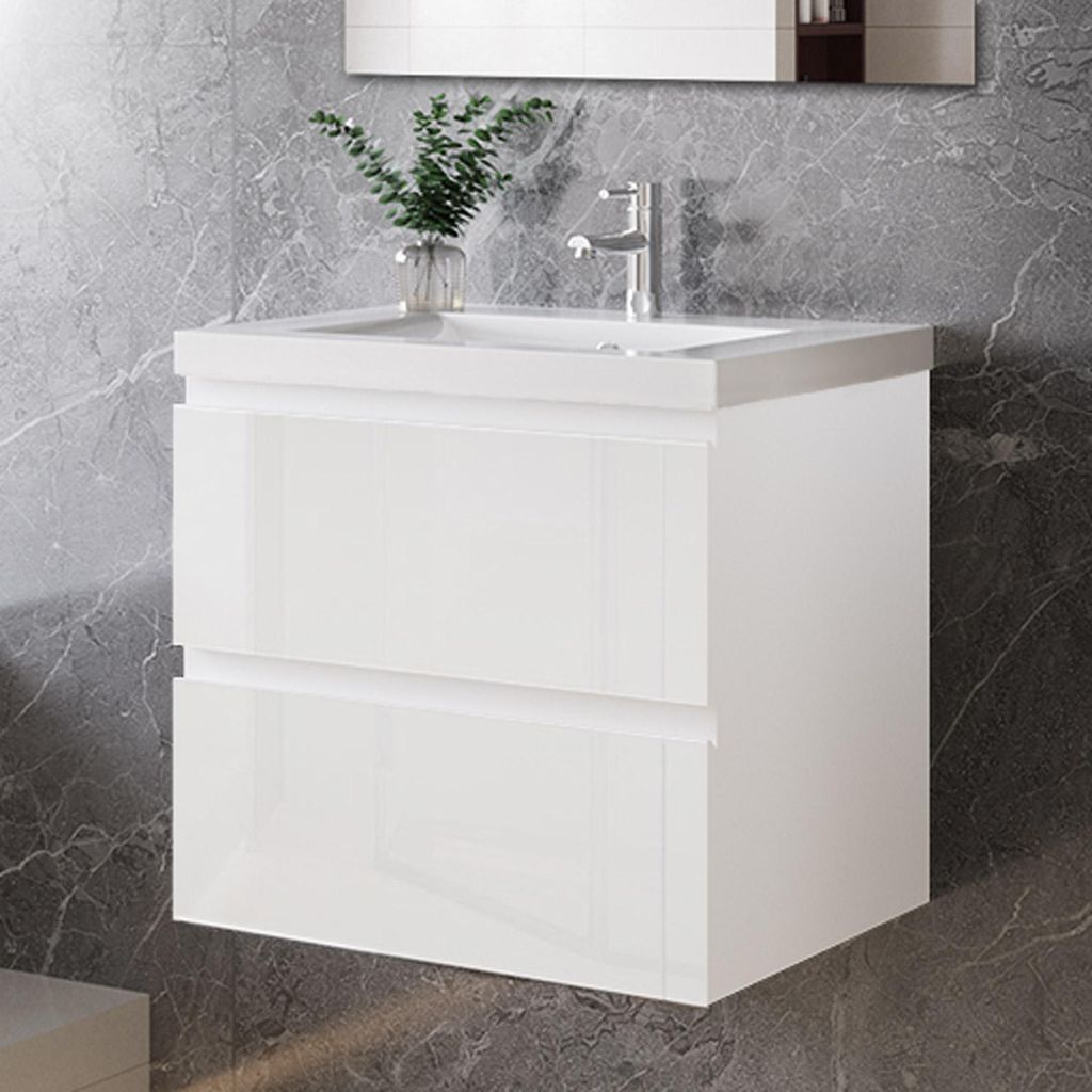 60 cm Badmöbel-Set Unterschrank mit dick Keramik waschtisch 2 Schubladen soft-close Hochglanz Weiß Selbstmontierter