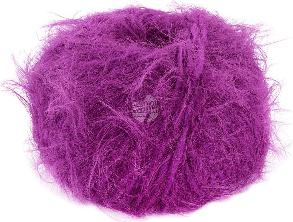 A ball of fluffy pink yarn on a white background.