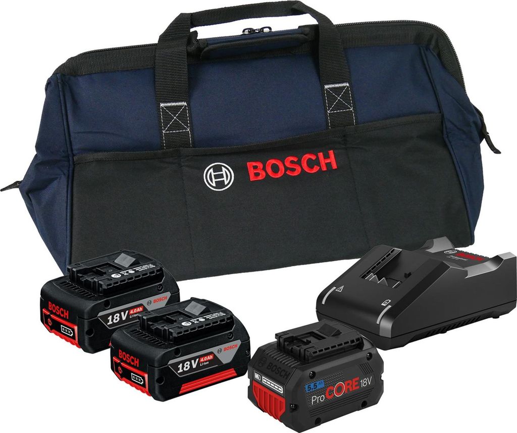 Bosch Starter-Set 18V / 2x 4,0 Ah Akku + 1x 5,5 Ah ProCORE18V Akku + Ladegerät GAL 18V-40 in Handwerkertasche