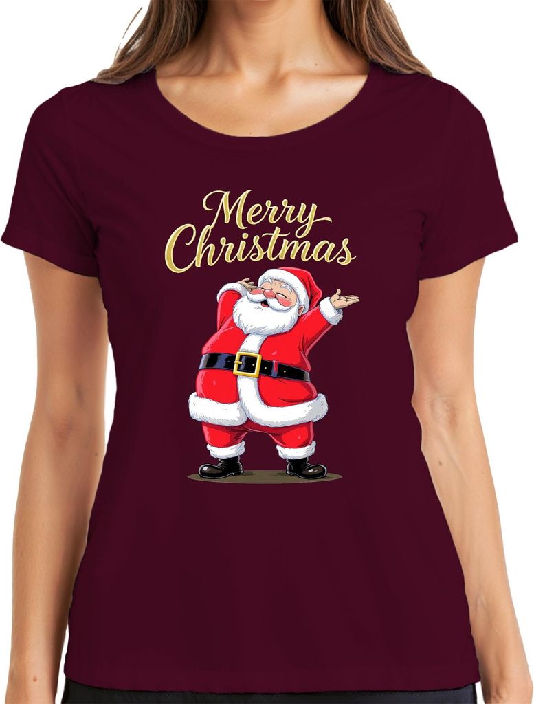 Merry Christmas Weihnachtsmann Santa Claus Lustig Geschenk Kinder Damen T-Shirt, Burgundy, L