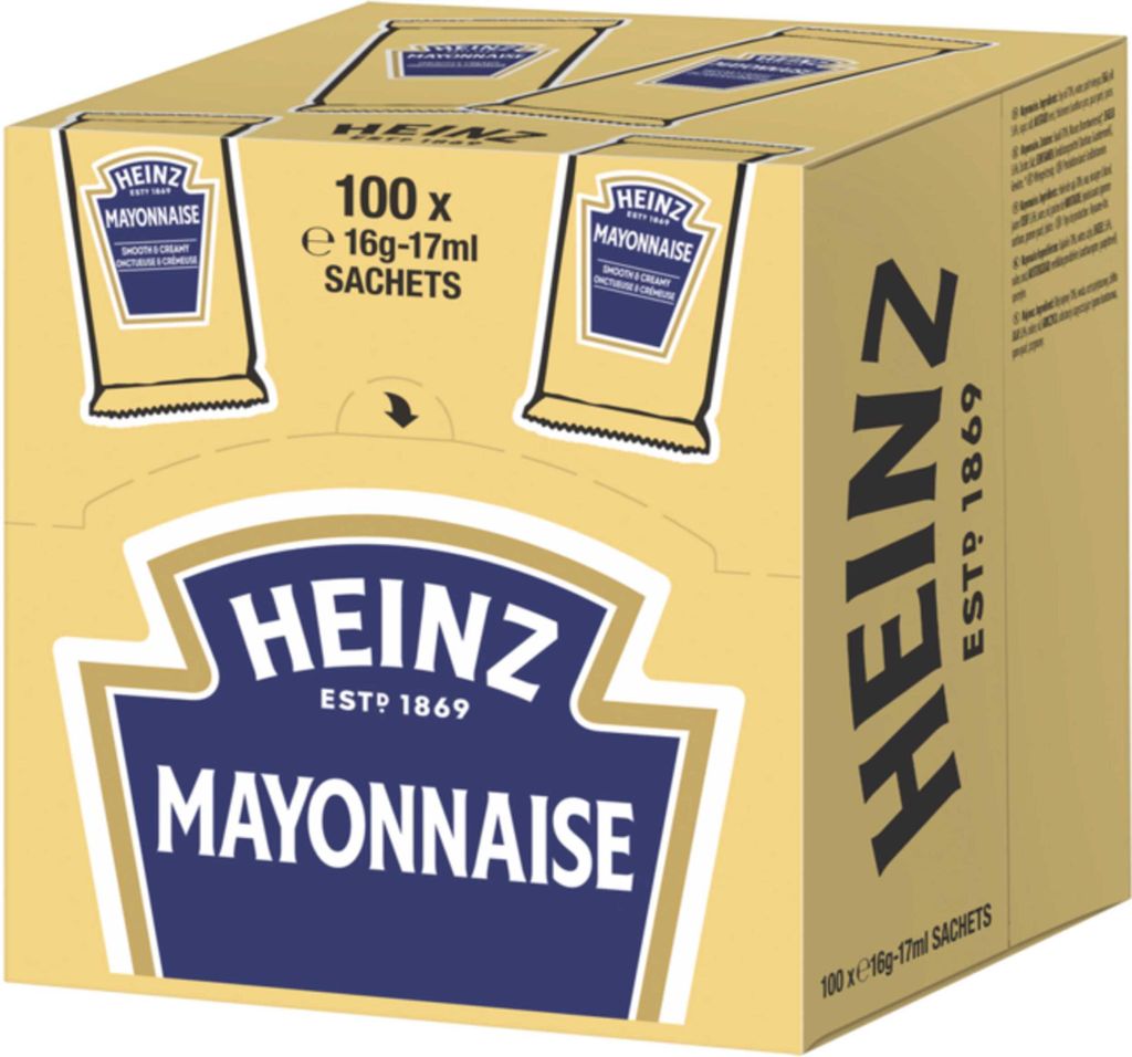 A cardboard box containing multiple sachets of Heinz Mayonnaise.