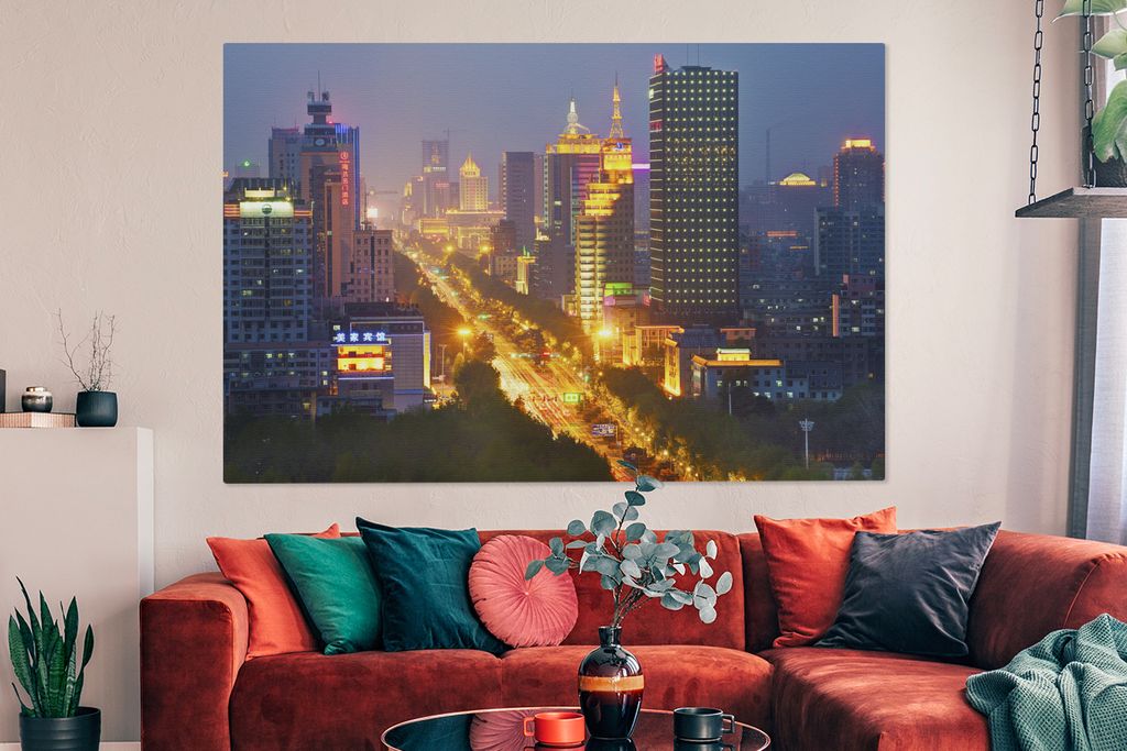 OneMillionCanvasses - Leinwandbilder - 150x100 cm, Glänzende Beleuchtung am Anfang der chinesischen Stadt Changchun, Wandbilder Kunstdruck Wandd...
