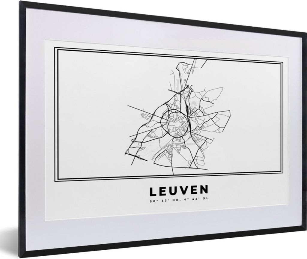 MuchoWow Gerahmtes Poster Stadtplan - Schwarz und Weiß - Karte - Leuven - Belgien 60x40 cm - Poster mit Schwarzem Bilderrahmen Wandposter Rahmen...