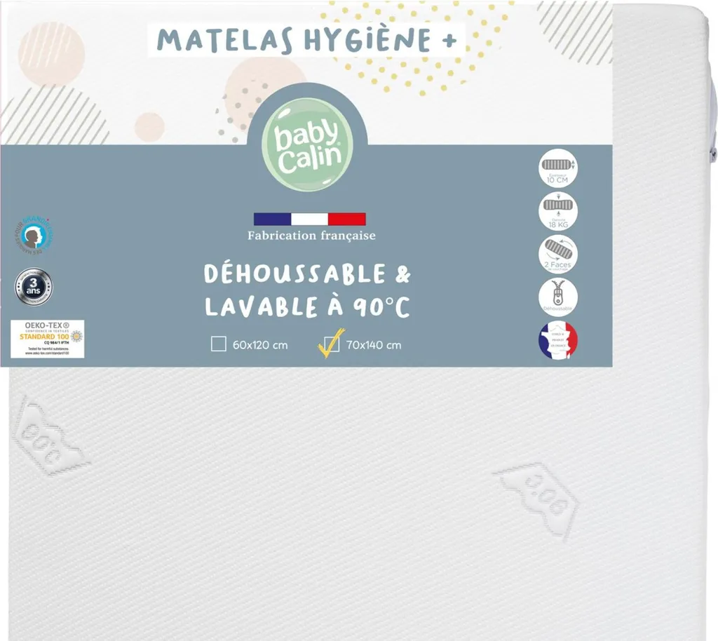 Matelas bébé Babycalin 70x140x10 cm déhoussable et lavable à 90°C blanc