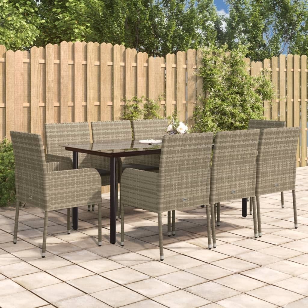 "2026 Promotion" 9-tlg. Garten-Essgruppe - mit Tisch und Stühlen - mit Kissen - Schwarz und Grau Poly Rattan - Gartenmöbelset CC9735