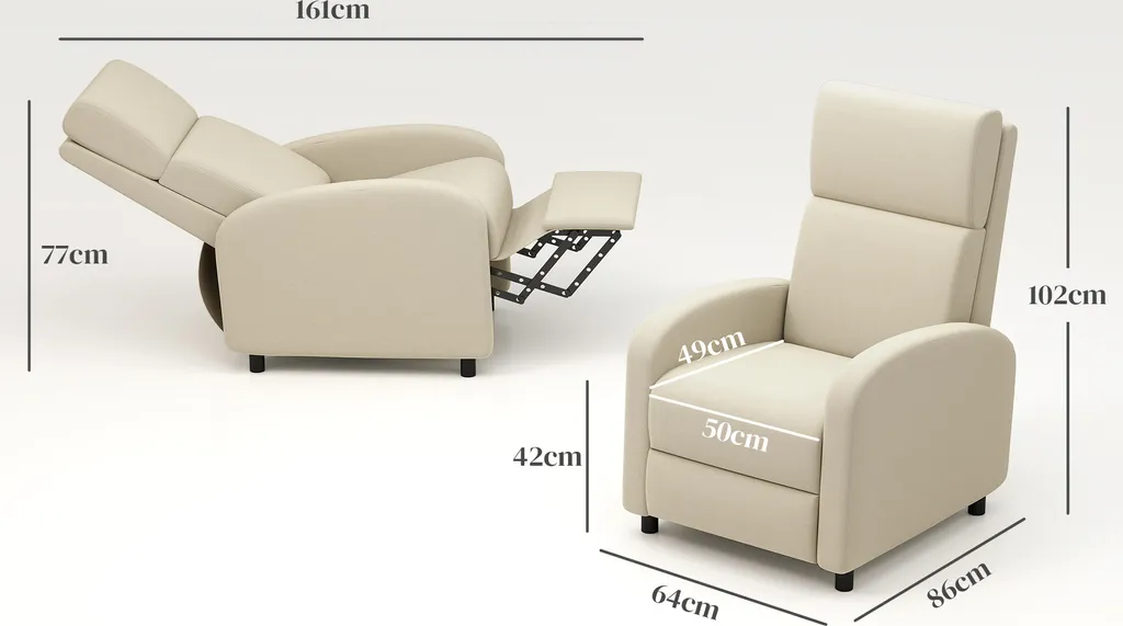 HOMCOM poltrona reclinabile Poltrona TV reclinabile con funzione di reclinazione Poltrona imbottita con schienale regolabile, reclinabile con aspetto lino, poggiapiedi per soggiorno camera da letto, bianco crema - 3