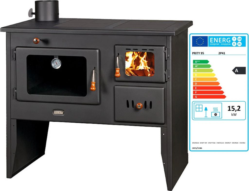 A black wood-burning stove with an oven and a metal plate, shown with an energy efficiency label.