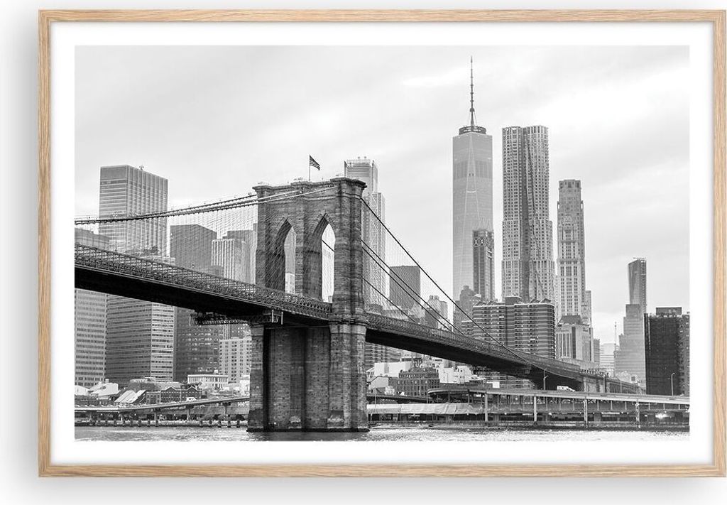 Gerahmtes Poster - Rahmen in heller Eiche - Brücke Brooklyn schwarz und weiß - 91,5x61 cm - Wand Bild - Wanddeko - Wandbilder - Wandposter - Bild...