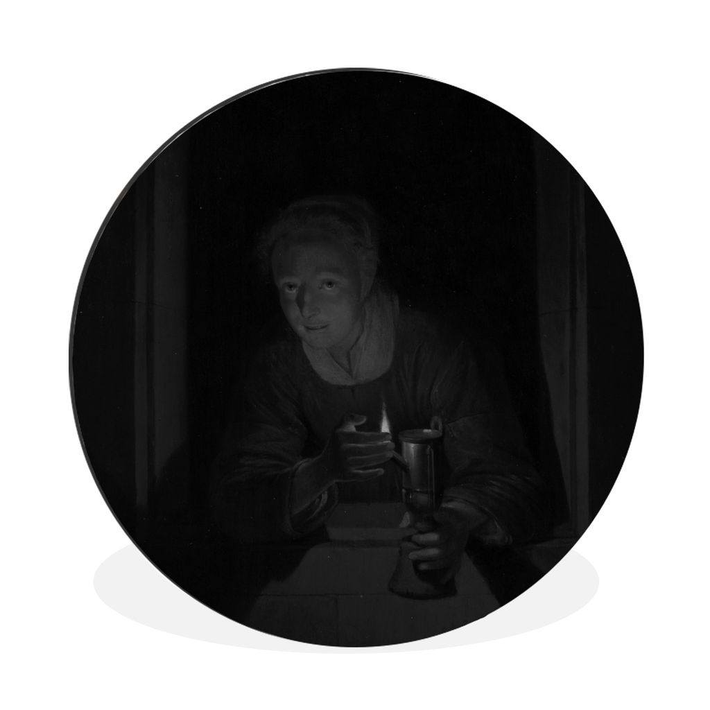 MuchoWow Aluminium Wandkreis Mädchen mit einer Lampe in Schwarz und Weiß - Gemälde von Gerrit Dou Ø 60 cm Wanddeko Modern Wohnzimmer - Wand K...