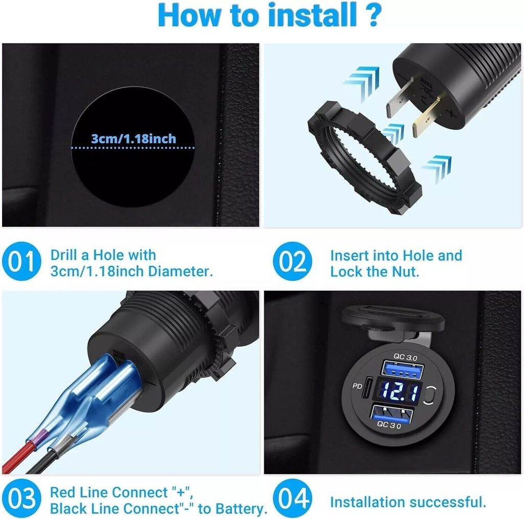 Presa Auto QC 3.0 Caricabatterie Auto USB Con QC 3.0 E PD, Doppia Presa, Scatola Di Installazione, Perfetto Per Smartphone Veloci Usb Accendisigari Auto