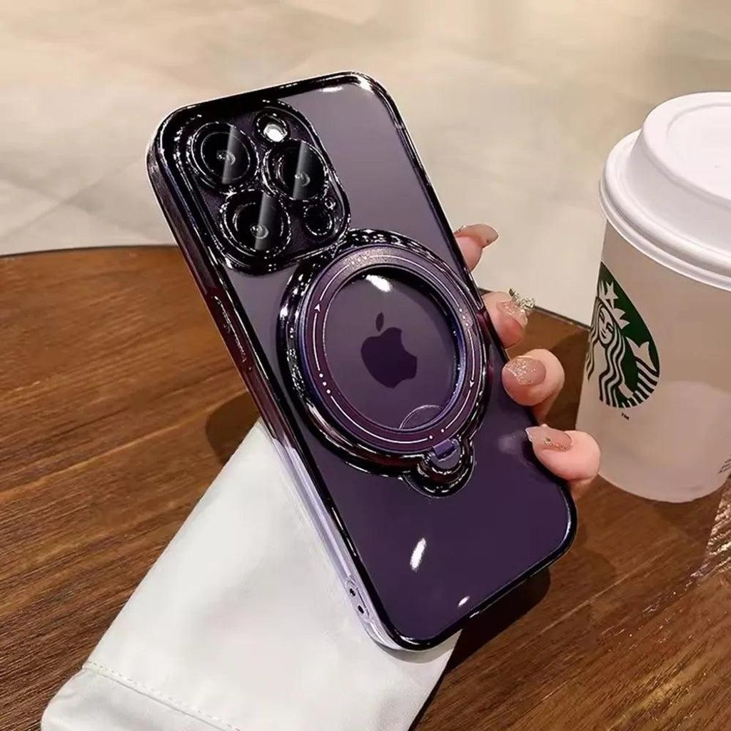 Luxus Case Hülle Für MagSafe mit Halterung Für iPhone 16 Pro Max Magnetische Ring Ständer Halter klar Acryl Clear TPU Abdeckung Farbe Lila