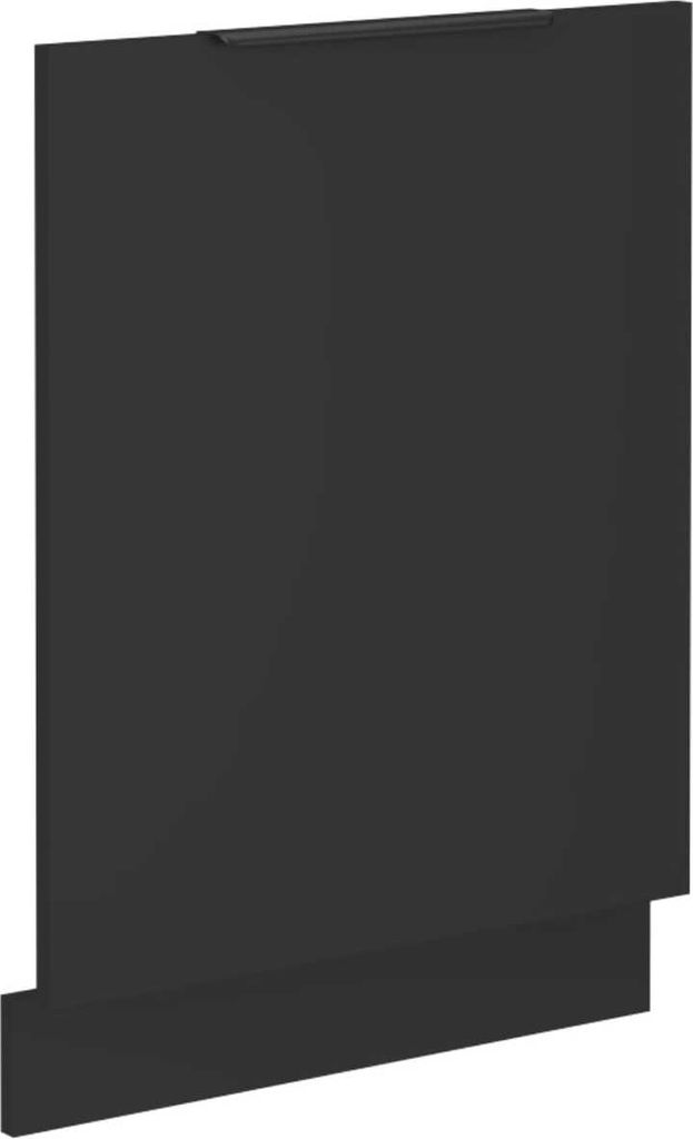 A black dishwasher panel with a handle at the top.