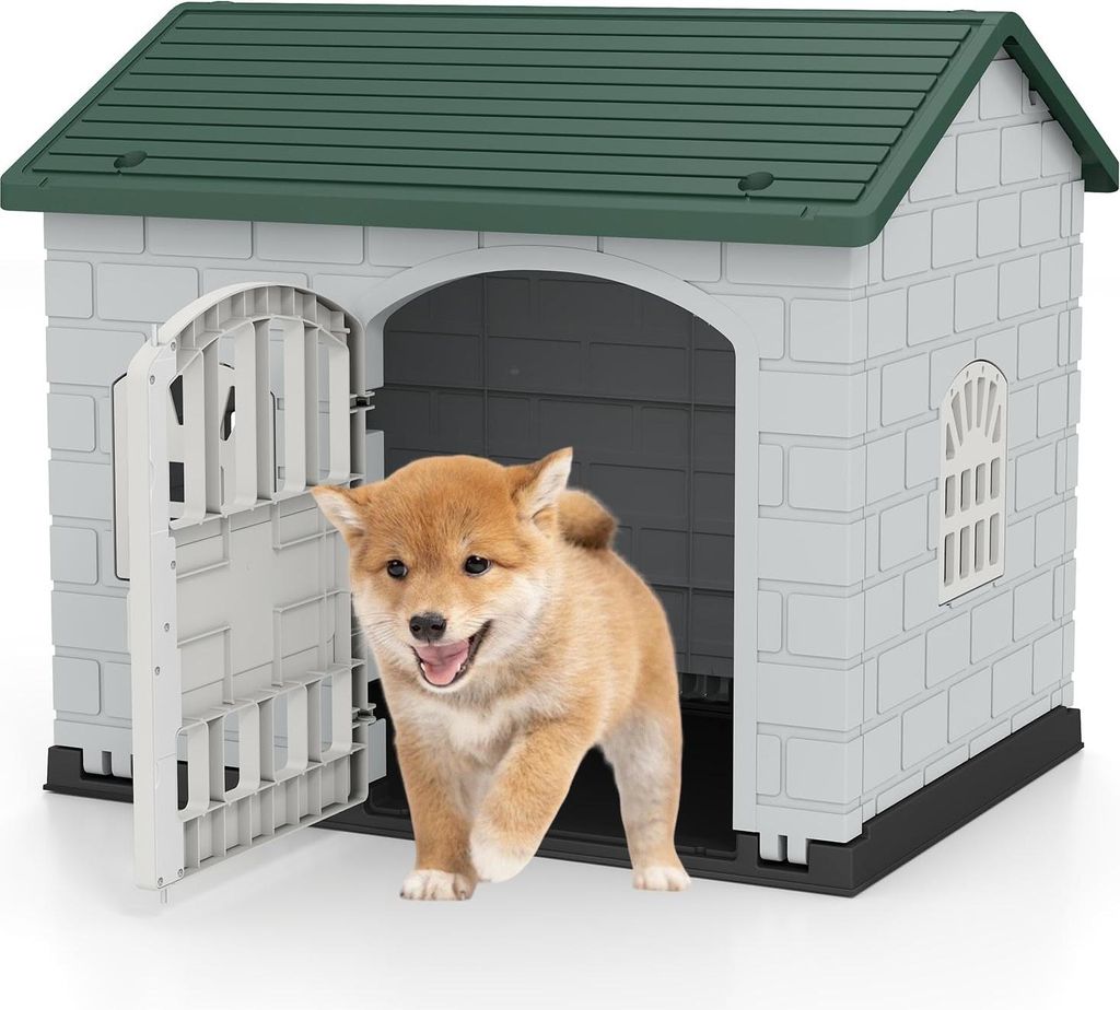 GOPLUS Hundehütte Outdoor, wetterfester Hundekäfig mit abschließbarer Tür, 3 Fenstern, geneigtem Dach, Haustierhaus Zuhause, 75 x 58 x 65 cm (G...