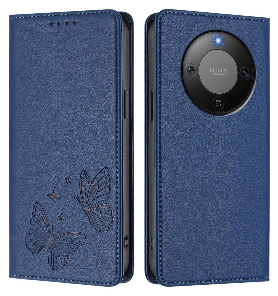 Lederhülle für Honor X9d/Magic8 Lite, Schmetterling Prägung Leder Brieftasche Schutzhülle mit Ständer Dunkelblau