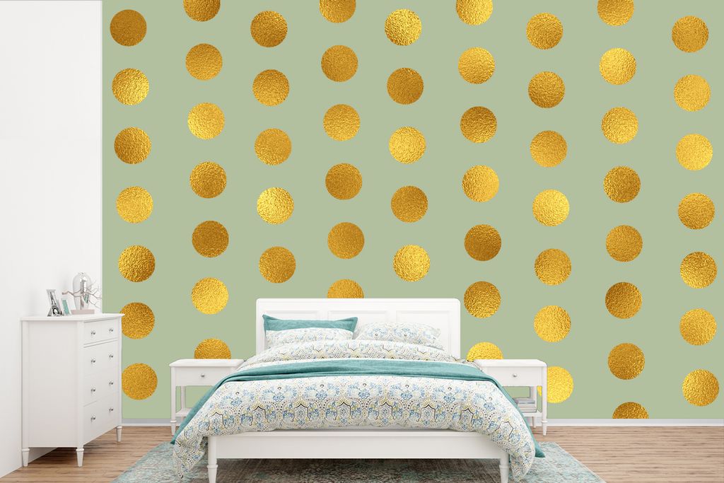 MuchoWow Fototapete für Wohnzimmer oder Schlafzimmer Wandtapete Vinyl Motivtapete Muster - Grün - Gold - Tupfen - 360x240 cm - Vinyl-Tapete