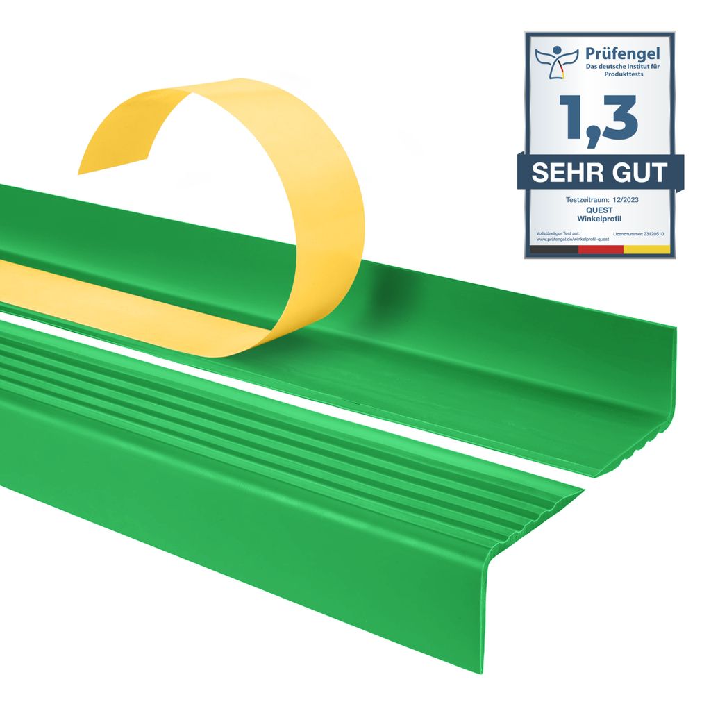 QUEST Treppenkantenprofil Selbstklebend 25x40mm, 1,65m, Kunststoff PVC, Antirutsch-Profil, Stufenkantenprofil Treppenleiste ND, grün