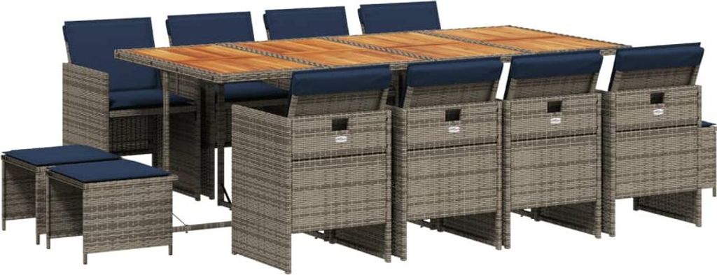 vidaXL 13-teiliges Garten-Ess-Set mit Kissen, grau, Polyrattan