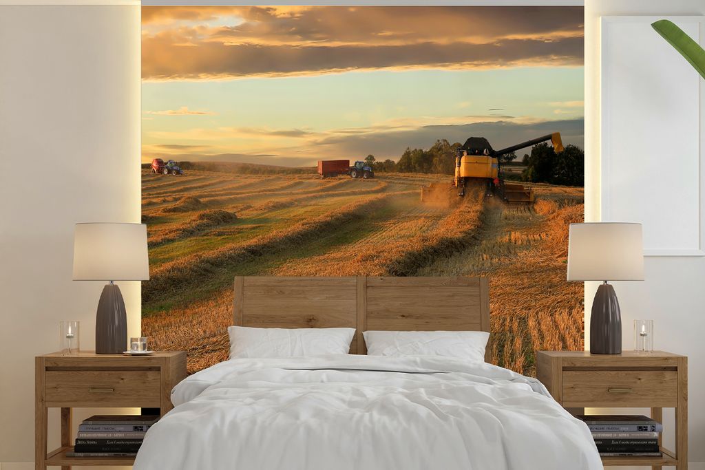 MuchoWow Fototapete für Wohnzimmer oder Schlafzimmer Wandtapete Vinyl Motivtapete Traktor - Sonne - Wolken - 280x280 cm - Hintergrundbild