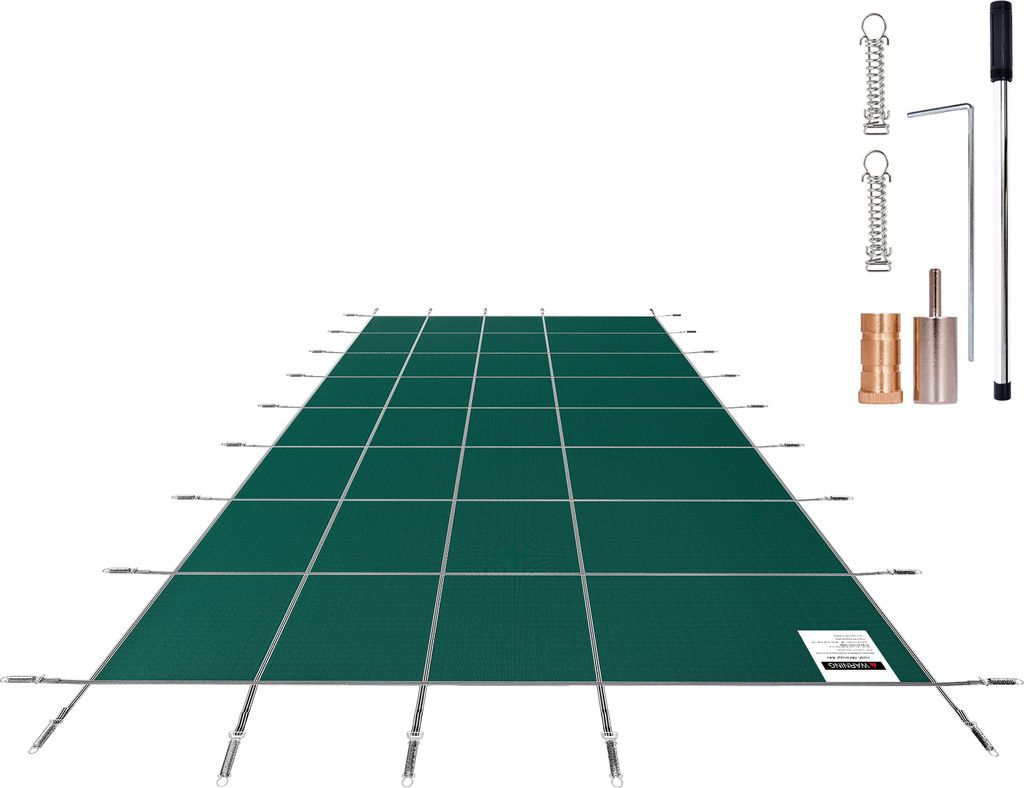 A green pool safety cover is laid out on a white background, with various accessories for installation shown to the right.