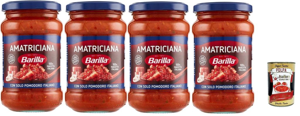 Barilla Amatriciana Pastasauce, Tomatensauce mit Pancetta und Peperoncino, 4 x 400g, + Italian Gourmet polpa 400g