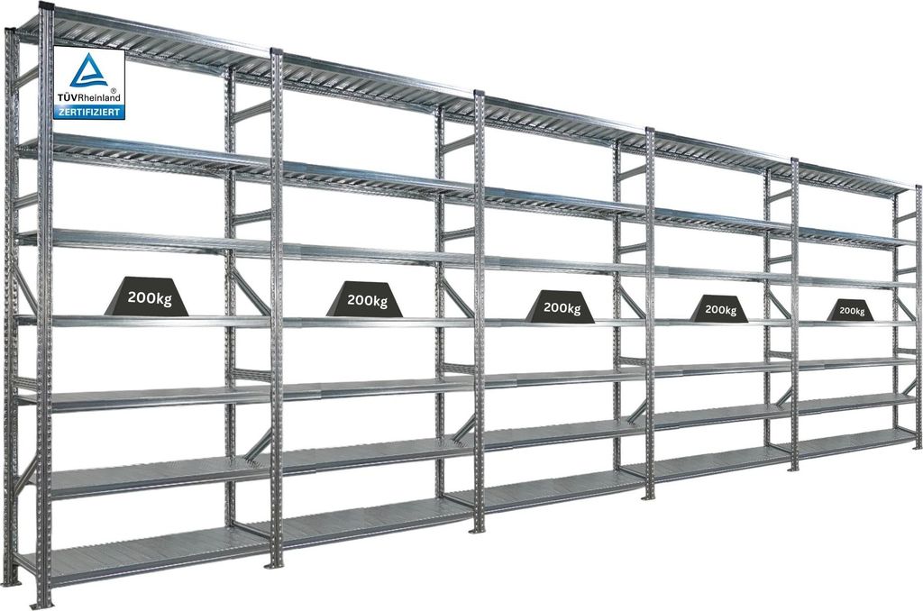 Fachbodenregal PROXIMO mit Stecksystem | Komplettregal | HxBxT 250x600x40cm | 7 Ebenen | Beidseitig nutzbar | Verzinkt