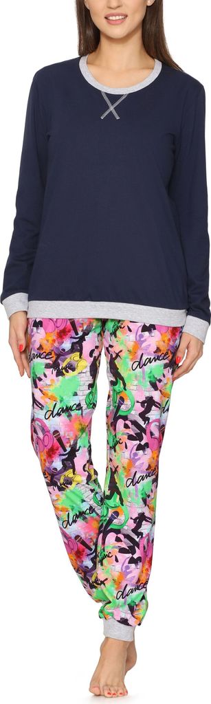 Merry Style Damen Schlafanzug Zweiteiler lang Pyjama Langarm Lange Hose mit Muster MS10-168 (Marineblau Tanzen, L)