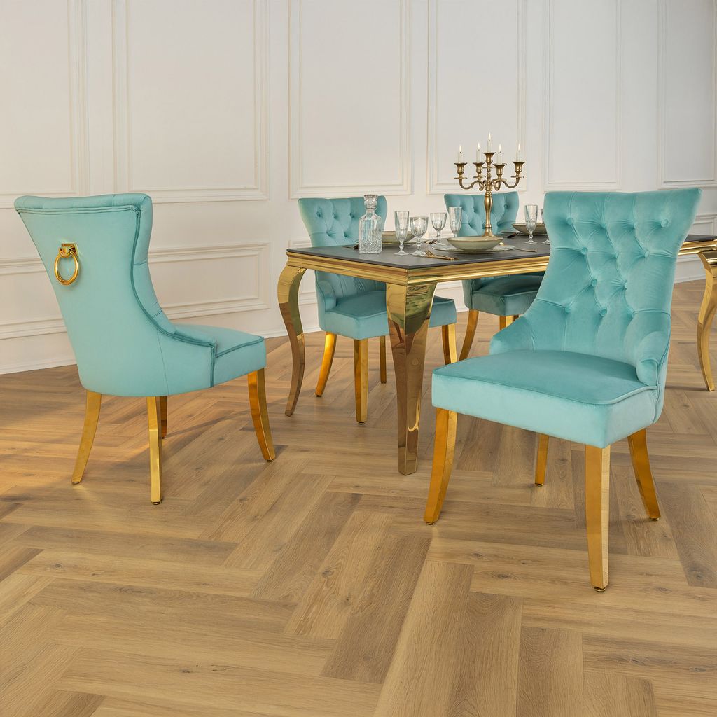 riess-ambiente Chesterfield Stuhl CASTLE blau Samt goldene Edelstahlbeine mit Komfortgriff