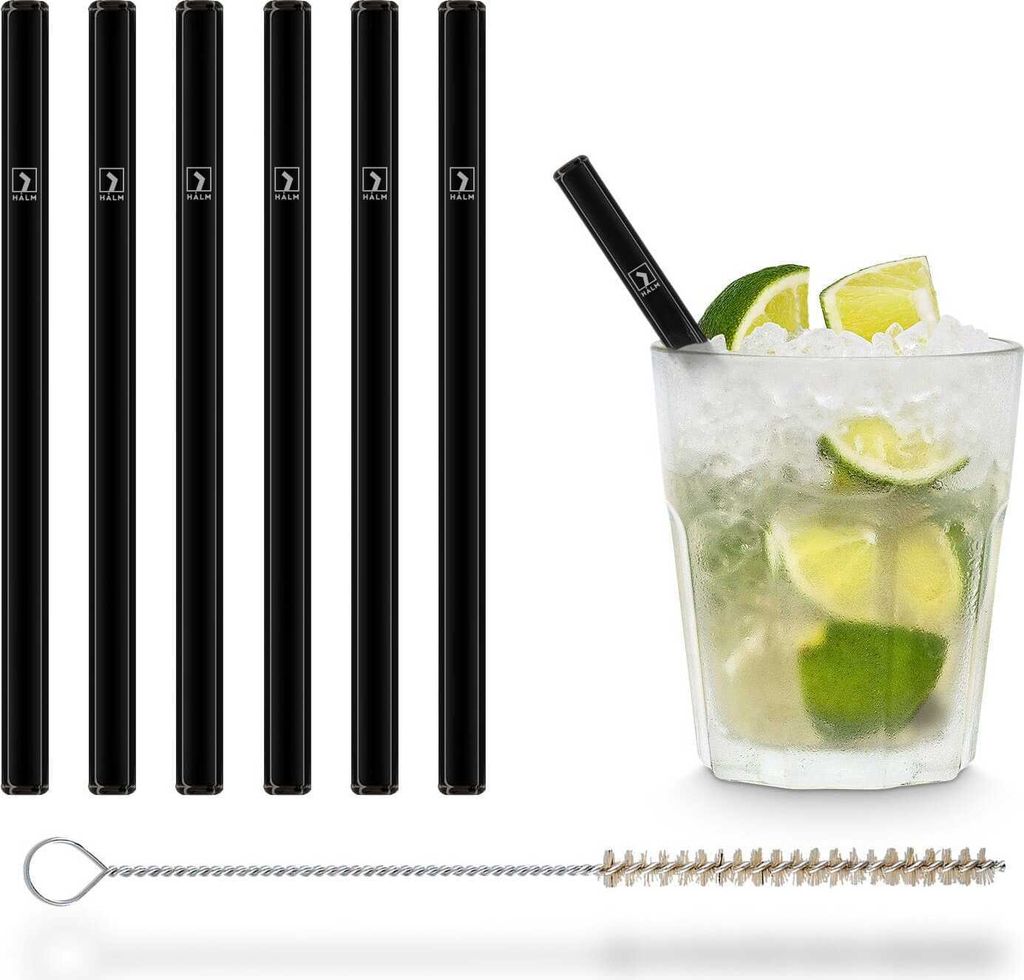 HALM Glasstrohhalme schwarz kurz - 6 Stück gerade 15 cm - Glasstrohalme Set Wiederverwendbar + plastik-freie Reinigungsbürste - Glas-Trinkhalme f...