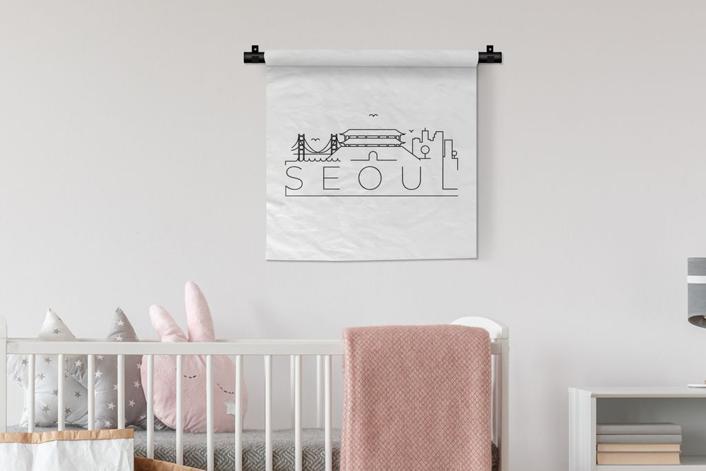 MuchoWow Wandteppich Wandbehang Skyline "Seoul" schwarz auf weiß 60x60 cm Tapisserie Dekoration Wandtuch - Dekorationen - Wand Decke