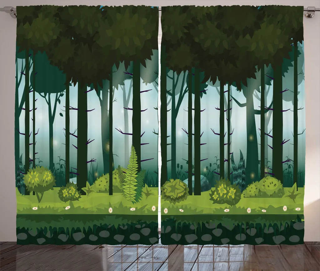 Rideau Jungle Mystic Forest bleu Evergreen avec boucles et crochets pro