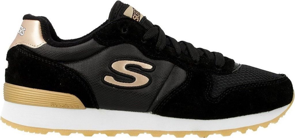 A side view of a black and gold Skechers sneaker.