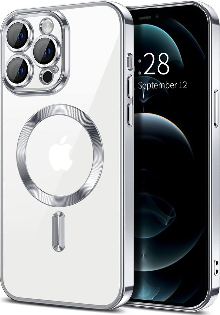 Magnetische Klar Hülle für iPhone 12 Pro Max, Kompatibel mit MagSafe, Elektroplattiert Handyhülle mit Kameraschutz Silber