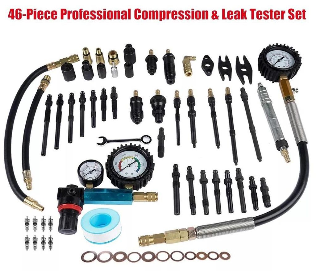 Kompressionsprüfer & Lecktester Set - Druckmesser T9301BL - 46-teilig - Für Benzin- und Dieselmotoren - Gelb