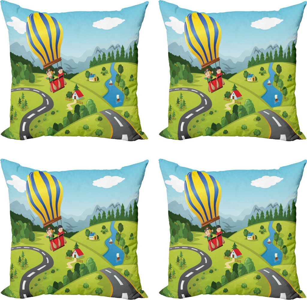 ABAKUHAUS Heißluftballon Kissenbezug Set (4 Stück), Cartoon-Stil Himmel, Moderner Doppelseitiger Digitaldruck, 60 cm x 60 cm, Mehrfarbig